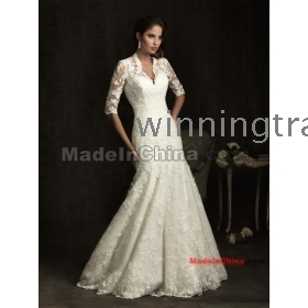 A-line Lace 3/4-length Sleeve V Halsudskæring Kapel tog Wedding Dress
