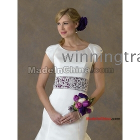 2012 satin  A-line Scoop Appliques Bowknot  Cathedral Train Empire Waist Wedding Dress