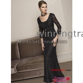 black chiffon scoop neckline Embroidery beading  mermaid long-sleeved Floor Length Mother of Bride Dress 