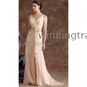 champagne chiffon V- neck ruffle natural waist beads, accented column prom dresses with handmade flower