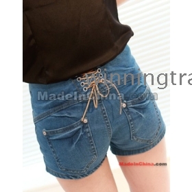 heißer Verkauf Frauen lasies Mädchen casual Empire-Taille schnüren sich oben zurück Jeans Denim-Shorts