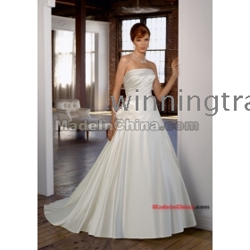 2012  white Satin Simple handmade Flower Strapless Pleated Chapel Train  Wedding Dress for Brides