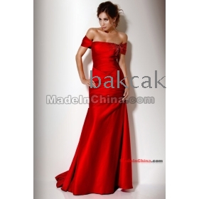 Off the Shoulder Satin Evening Gown  red long prom dresses 2012