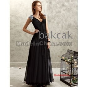 Custom-  chiffon   v-neck Sleeveless ankle-length Beading Evening Gown Party Dresses