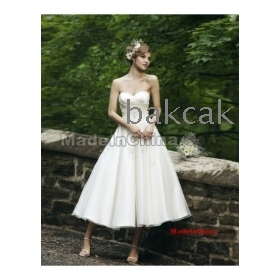 custom-mad Satin and Organza Strapless Sweetheart Neckline Elegant Applique Accents Tea-Length  Beach Wedding Dresses 