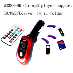 50pcs/lot M338E -DR de coches reproductor de mp3 transmisor inalámbrico de FM de la ayuda SD / MMC / USB / con mandos a distancia LCD diplay lyric