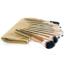 Cheap 10PCS set Gold Goat Hair Nylon Wooden Makeup Brush Set With Roll Up Leather Bag Case H44594 