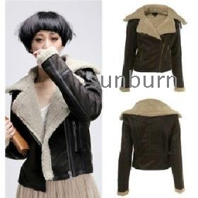 Free Shipping !~ Topshop chamois berber fleece liner slim motorcycle large lapel female short design leather clothing outerwear jacket 2-color size:XS~L