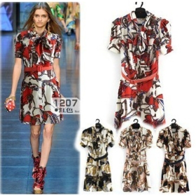 Free Shipping 2012 Women's Gril's   printing silk bow short sleeves dress Size:S/M/L/XL