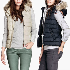 Women slim down cotton vest detachable cap waistcoat vest faux fur outerwear female Hooded GILET BODYWARMER Ladies Jacket PADDED