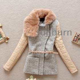 2014 Autumn Winter women Rabbit Fur PU Patchwork Wool Woolen Outerwear Wadded winter Jacket Overcoat women wear Free Shipping