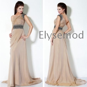 Hot Empire Style Fashion venta larga embellecida acanalada Un vestido de noche del hombro