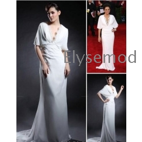 Kara DioGuardi Sheath/ Column V-neck Sweep/ Brush Train Batwing Sleeve Chiffon Emmy/ Evening Dress