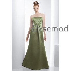 A-Line Vienna Satin Strapless Tea Length Pleated Ribbon Sleevless Bridesmaid Dress