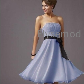 Free Shipping Empire Knee Length Shirred Bodice Tie At Waist Light Blue Short Prom Dress