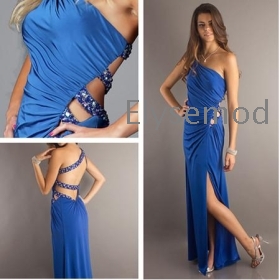 Schede Royal Blue Lange een schouder Gown Shiny Jersey junior prom dresses 2012