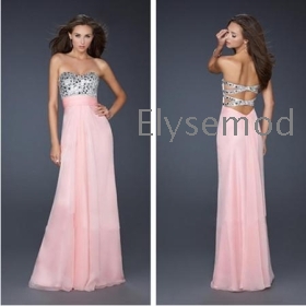 Hot Selling 2013 Newest Empire Sweethearth Beaded Bodice Chiffon Open Back Pink Prom Dresses