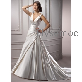 Free Shipping  deep V-neck Soft Shimmer Satin  crystal Alabaster  up Sweep Train Sleeveless wedding gown