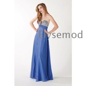 Simple elegant  long dress deep V-cut prom dresses blue 