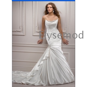 Free Shipping Ivory cowl draped neckline crystal beaded Sheath Spaghetti Straps Satin Zipper rhinestone wedding dress