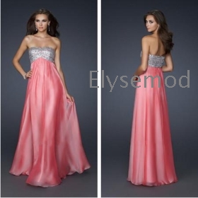 Modest  Strapless Beaded Bodice Chiffon Floor Length Peach Prom Dress Beaded Celebrity Dresses