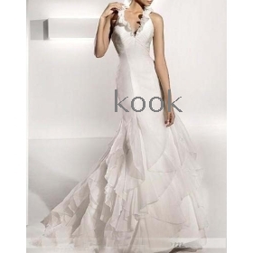 free shipping 2011 new style!V-neck cascading flouncing taffeta and satin chapel train halter mermaid wedding dress  ruffled custom-tailor  fg24
