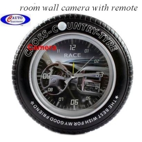 Black Tire Wall Clock with Car Panel Art DVR Camera 4GB Memory Battery Continous Recording 10 Hours Remote Control avp010G 