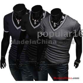 En gros -2013 - des hommes t -shirts minces coréens manches courtes hommes t shirts col V chemise overshirt de couleur pure