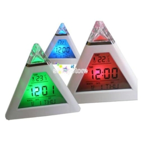 100PCS LED 7 color change Triangle Pyramid music Digital Alarm Clock Calendar Voice 