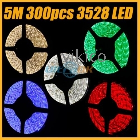 Hot selling 5M 300pcs 3528 LED Strip Flexible Waterproof Light Lamp Pure White/Red/Yellow/Blue/Green+Adapter   free shipping