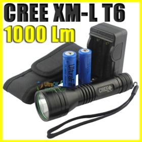 -Bright V-SHARK CREE XML XM-L  LED  1000 Lumen 5-Modes Aluminium Alloy Waterproof Flashlight   Glow Button Cap and Rubber Ring  2 PCS 2400mAh 18650 Battery + 1 PCS 18650 Charger  + Holster