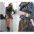 Elastic Waist Leopard Printed Pleated Skirts With Pockets & Zipper W3326 