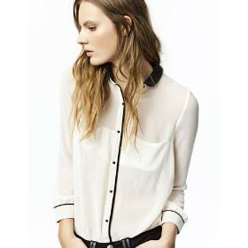 ZAZA Lady Sexy Long Sleeve Blouse Button Shirt Top Hit hit material stitching White color W4160
