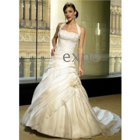 Free shipping !Sexy Dress Halter top Cathedral train Taffeta wedding dress A-Line/ Sleeveless  Gowns