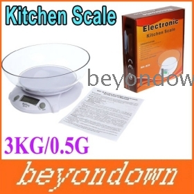 High quality 3KG/0.5G Digital Electronic Kitchen Scale Parcel Food Weight with Bowl Weighing Scales , Free shipping 