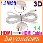 High quality 5FT(1.5M) Gold Plated HDMI Cable Male to Male 3D Flat HDMI 1.4 Digital A/V for LCD DVD HDTV Free Shipping 