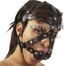 Leather Ball Gag Harness With Black Soft Rubber Ball 