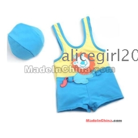 Wholesale - -boys Lion embroidery one-piece swimsuit swimming wear+cap suits 12pcs/lot 