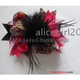 Wholesale - - free shipping cute  girls boutique feather hair bows diamond leopard hair bow hairbows 50pcs/lot