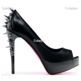 New Style Sexy RUTHIE Black Genuine Leather Rivet Peep toe High Heel Pumps Shoes--11