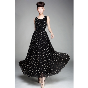 Free Shipping, Chiffon Dress, 2013 New Designer Europe and American Fashion Polka Dot  Flowers Sash Silk Dress for Women, Free Sashes, LM8091LS