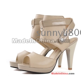 Free Shipping Wholesale new Fish head hollow rivets Beige female Buckle Heels sandals US5-8.5