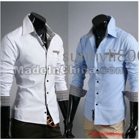 Free Shipping Wholesale wild Fashion New Style shirt Slim plaid Blue casual satin shirt men's long sleeve T-shirt