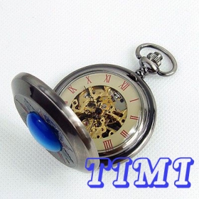 Silve Tono esqueleto reloj de bolsillo W / Blue Stone en el comercio mayorista Caja