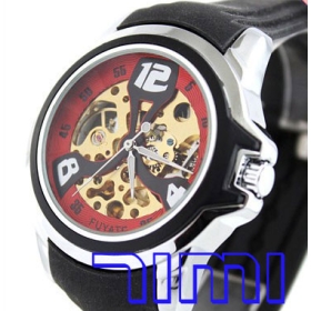 wholesale Red Hollow Mens Gold Mechanical AUTO Wrist Watch Rubber