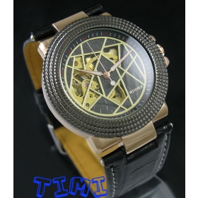 2012 Rose Gold Deluxe Auto Mechanical Mens Black Leather Watch hotsale