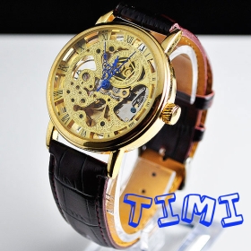 See Through Gold Tone Mechanical Mens Leather Watch 