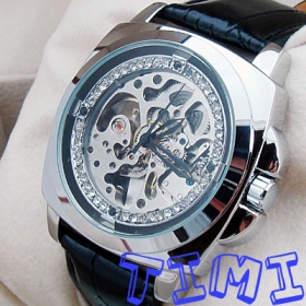 Mens Zilver Skeleton Horloge Witte CZ Stone Black Strap groothandel