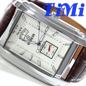 Mens Automatic Square Wrist Watch Oblong Date Second White Claret GOER New