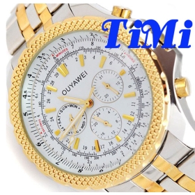 LUXURY WHITE GOLDEN DAIL AUTOMATIC STEEL WRIST WATCH MENS DATE DAY 24H MULTI-USE